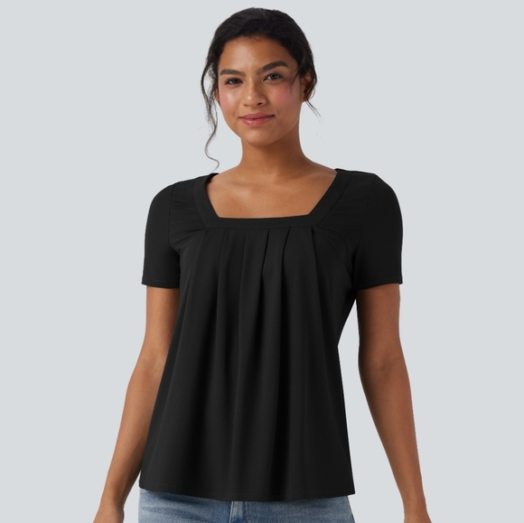 HALARA Tops - Halara Square Neck Short Sleeve Casual Top Black Lg